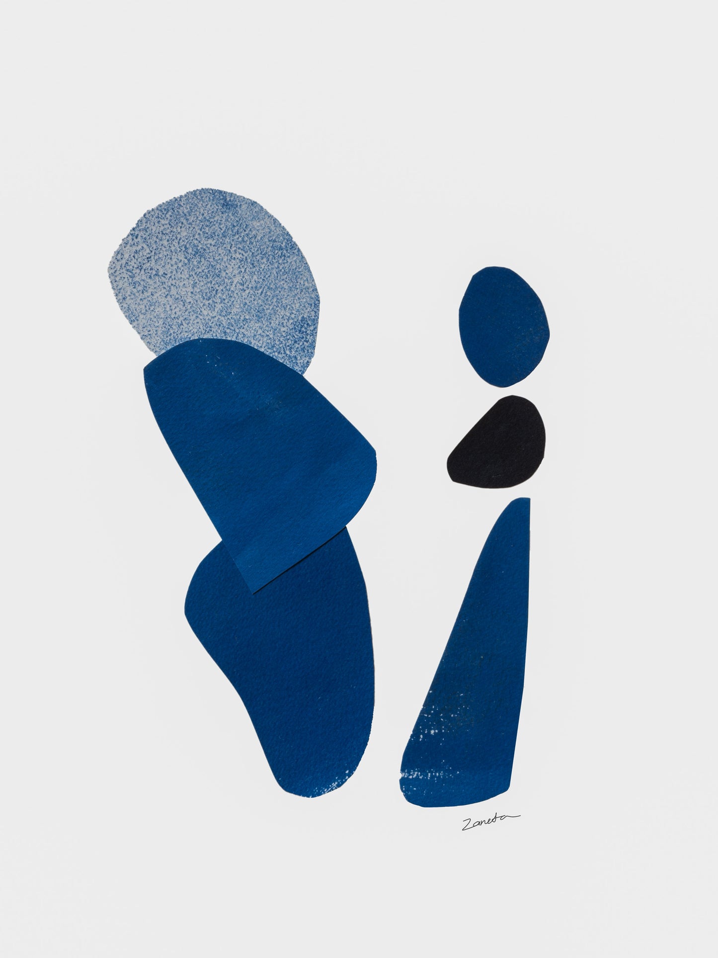Art print featuring abstract blue shapes representing figures available as a Giclée print.