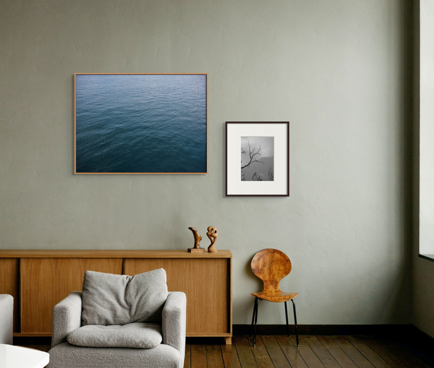 Fine art photography prints featuring sea texture and tree branches, available as wall art with framing options.