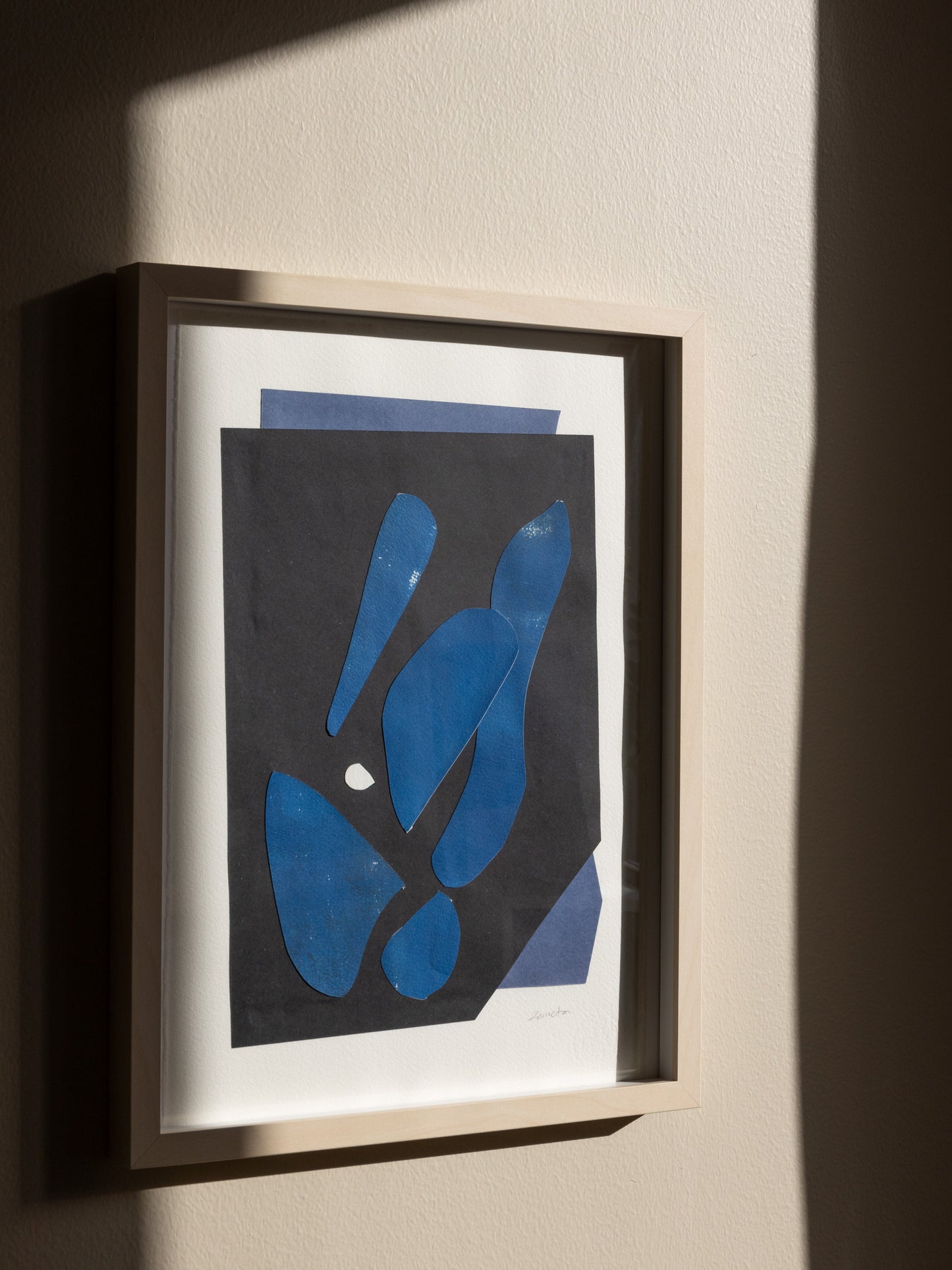 Original collage and cyanotype artwork framed.