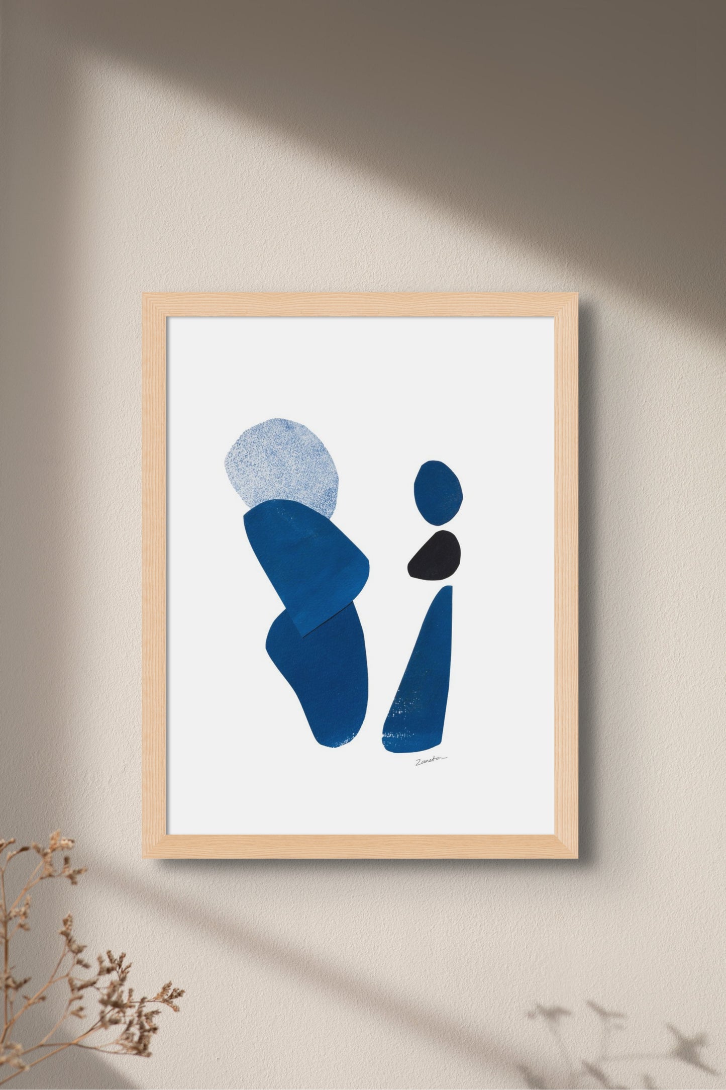 Art print featuring abstract blue shapes representing figures available as a Giclée print with framing options.