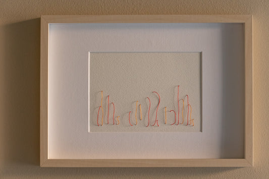 Framed embroidery on paper, an original minimalist artwork that changes with the light