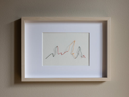 Framed embroidery on paper, an original minimalist artwork that changes with the light, soft light