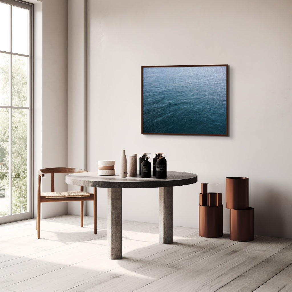 Fine art photography print featuring sea texture, displayed in an interior setup, available as wall art with framing options.