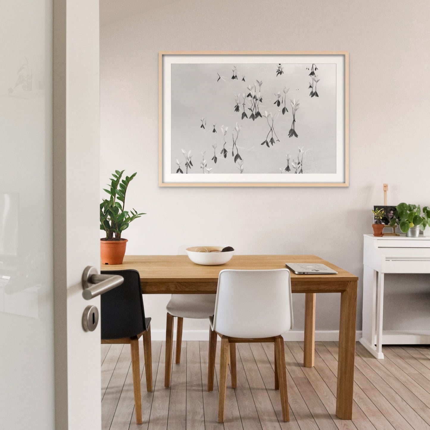 Black and white fine art photography print featuring a peaceful lake detial, wooden framed print.