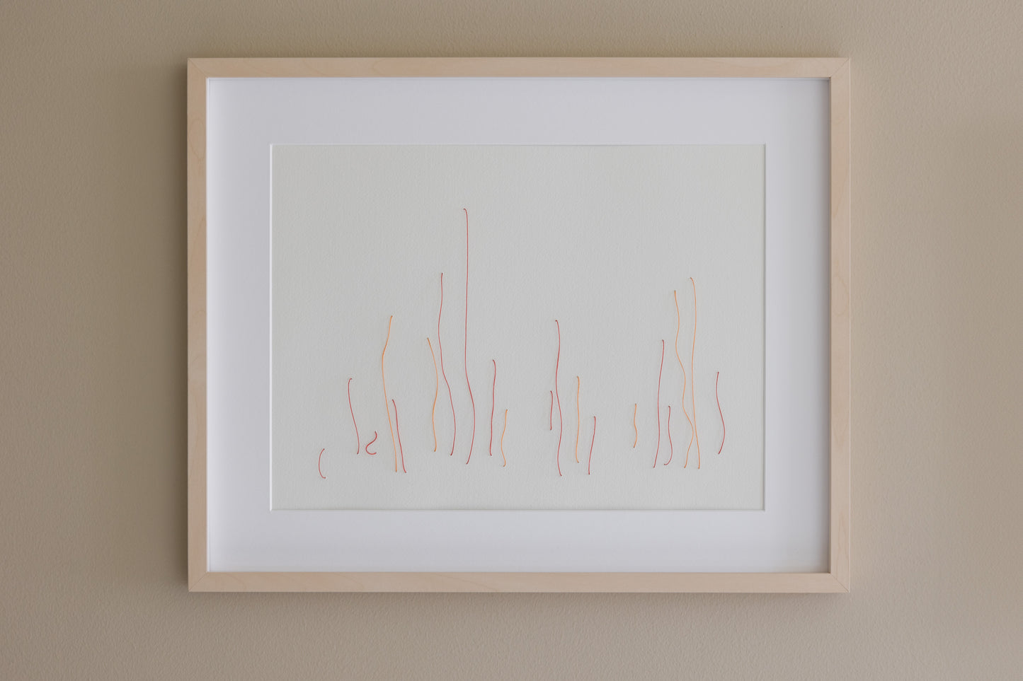 Original framed embroidery on paper, minimalistic, representing garden.