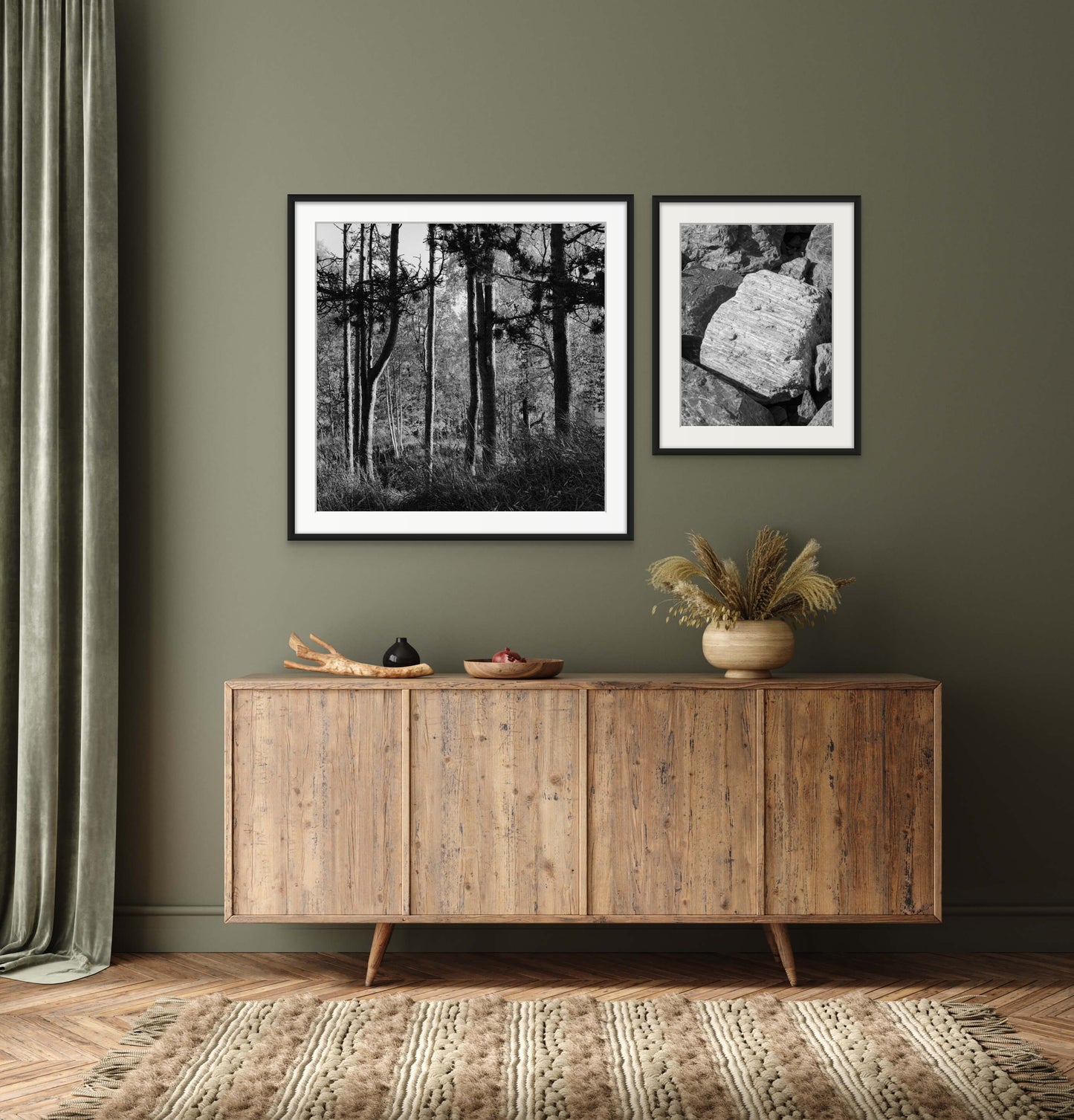 Black and white fine art photography prints showcasing landscapes, photographed in Norway, wall art with black handmade frames.