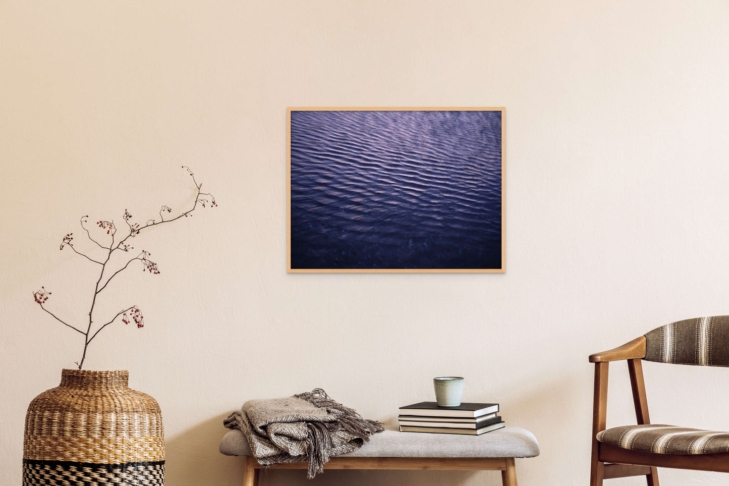 Fine art photography print featuring the purple-colored sea, shown in an interior setting, available as wall art with framing options.