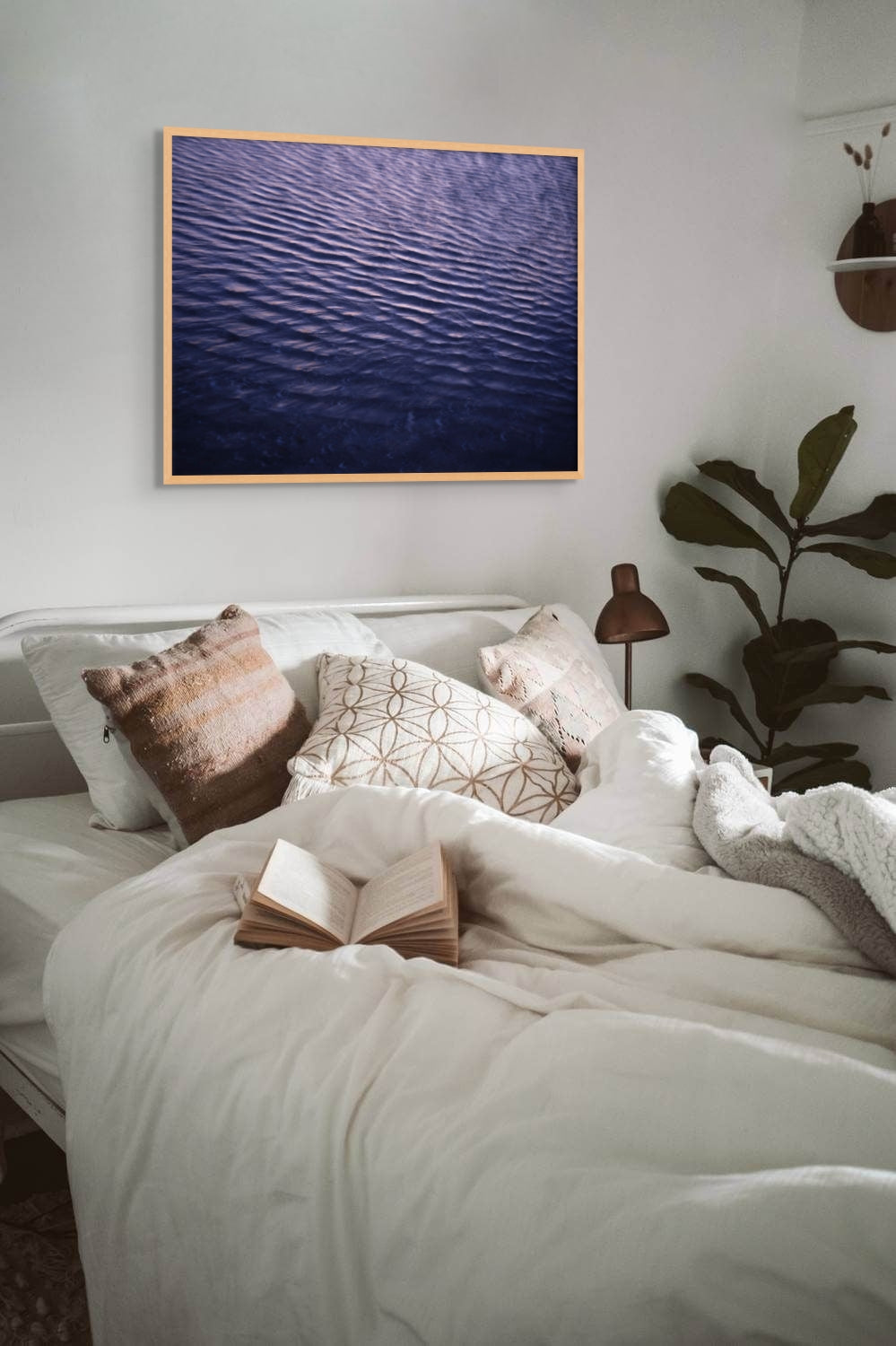 Fine art photography print featuring the purple-colored sea, shown in an interior setting, wooden framed print.