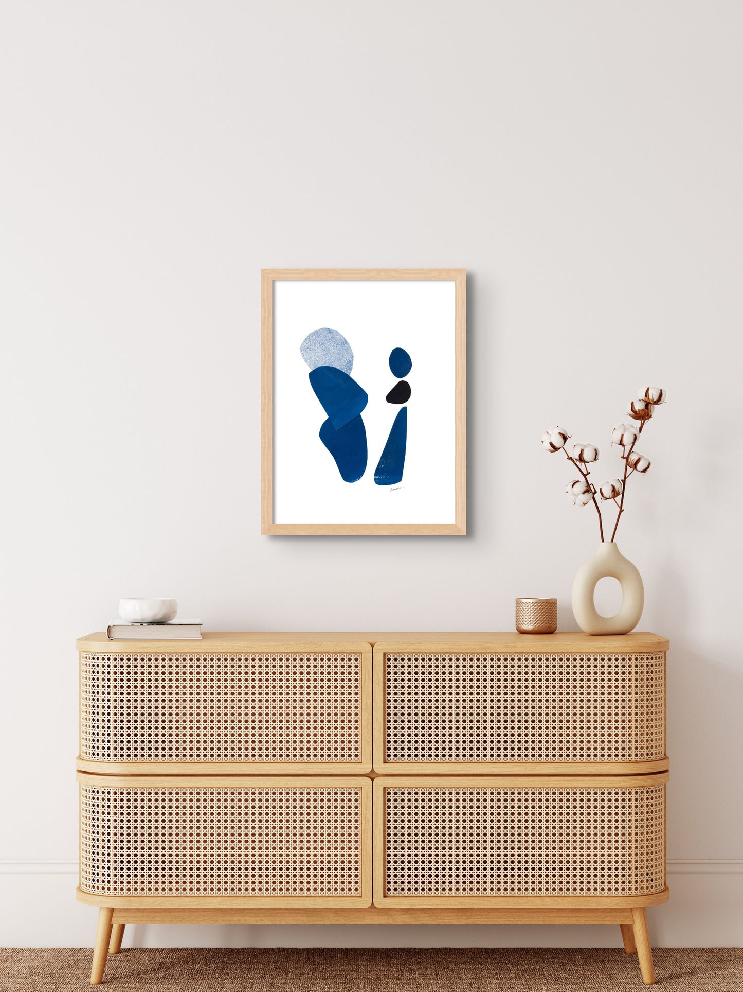 Art print featuring abstract blue shapes representing figures available as a Giclée print with framing options.