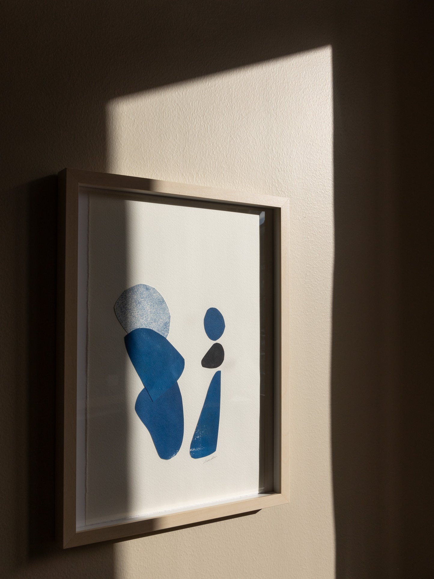 Original collage and cyanotype abstract artwork representing two figures, framed
