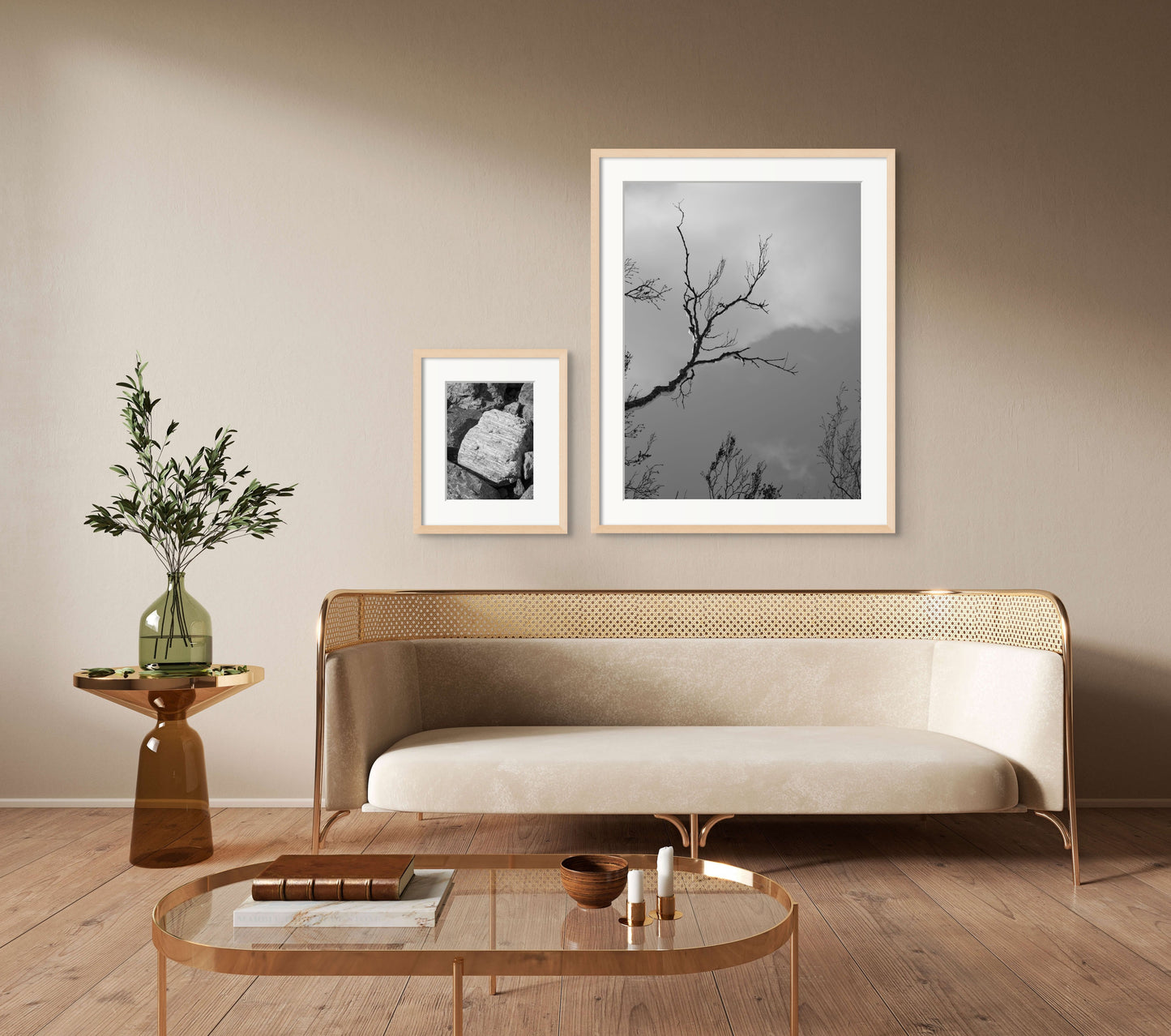 Black and white fine art photography prints, displayed in an interior setting, available as wall art with framing options.