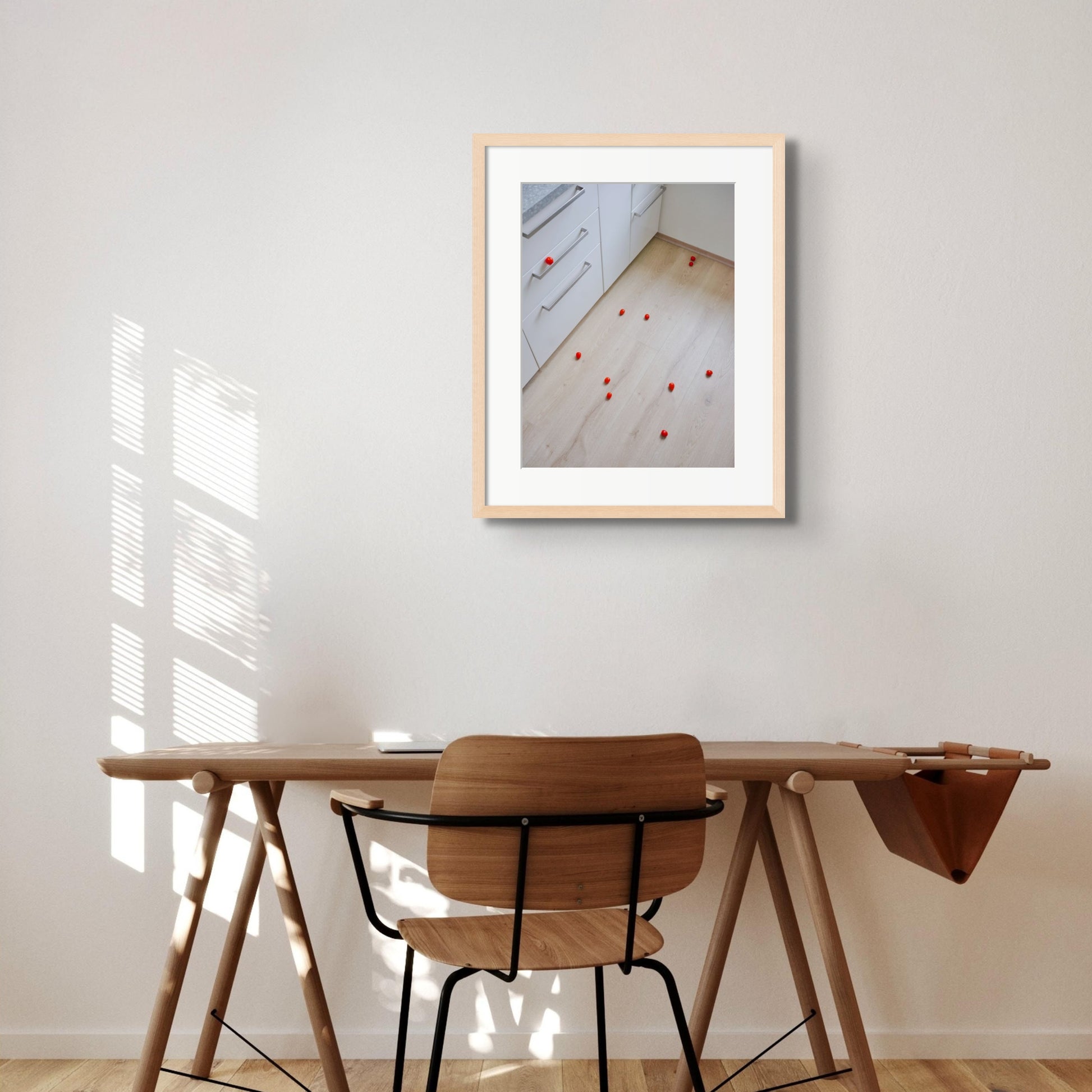 Still-life photography featuring tomatoes on the kitchen floor. Limited edition photography print, wooden frame