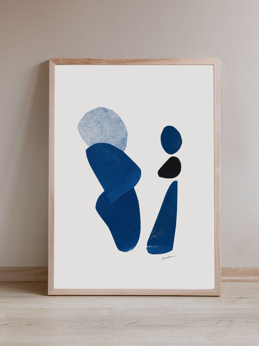 Art print featuring abstract blue shapes representing figures, available as a Giclée print with framing options.