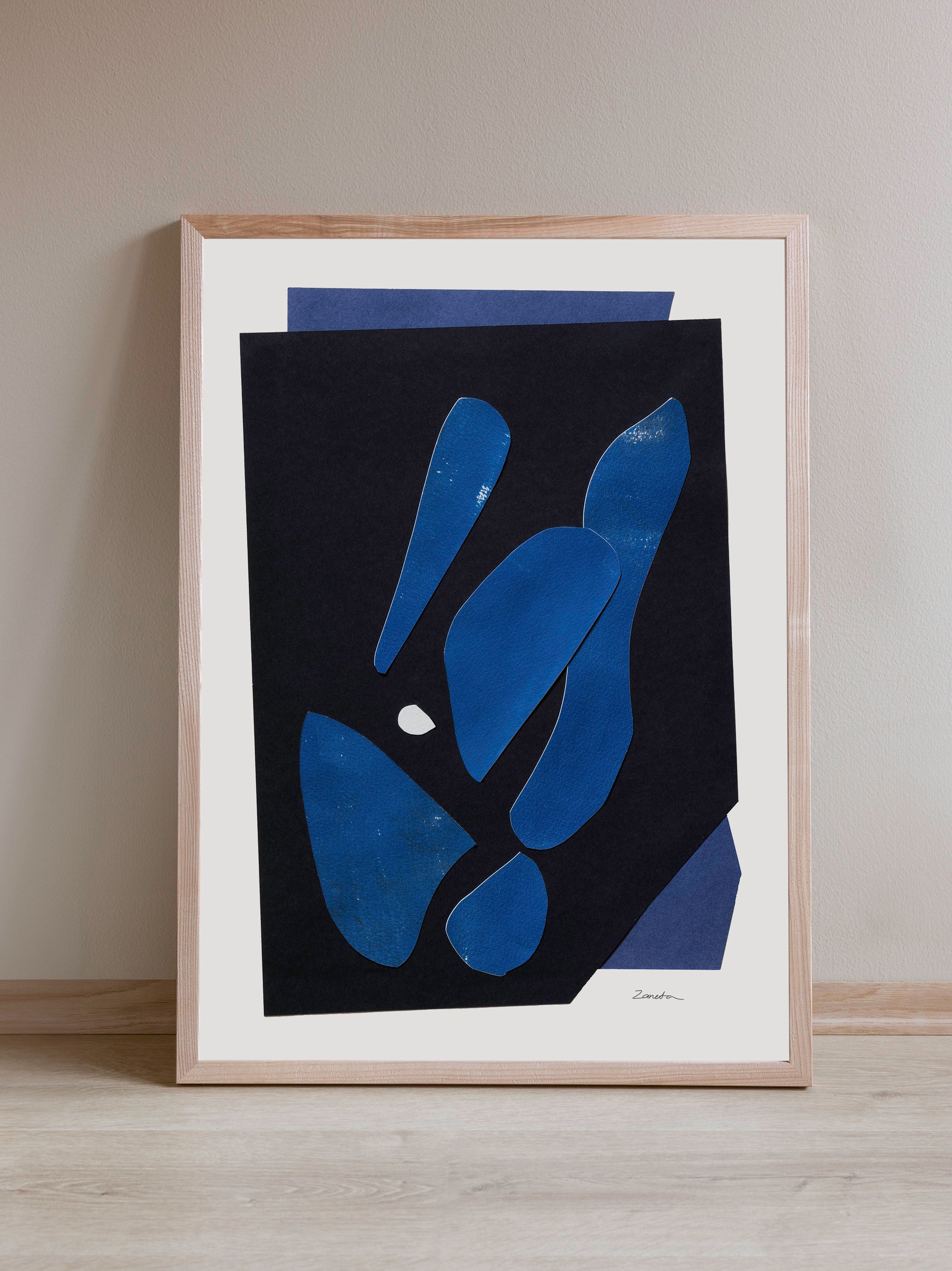 Art print featuring abstract black and blue shapes, available as a Giclée print with framing options.