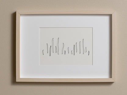 Framed abstract embroidery on paper, an original minimalist relief artwork that changes with the light.