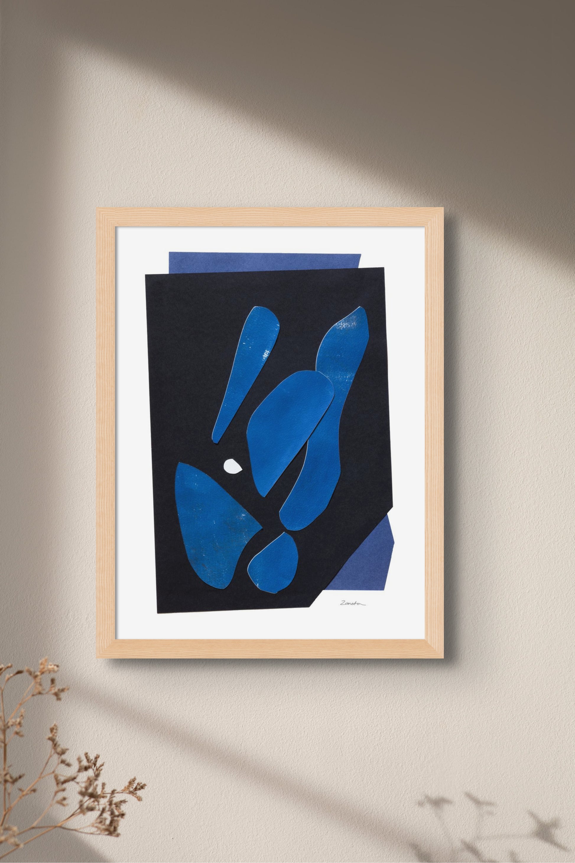 Art print featuring abstract black and blue shapes, available as a Giclée print with framing options.