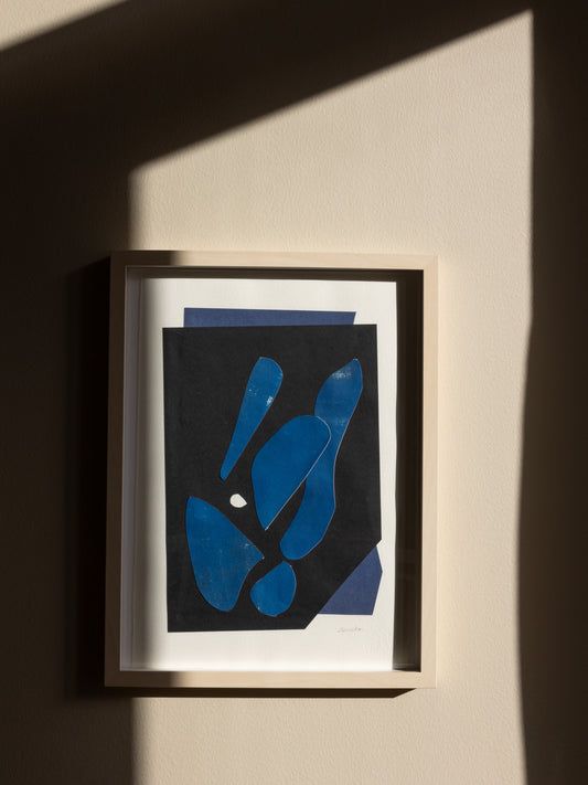 Original collage and cyanotype artwork framed