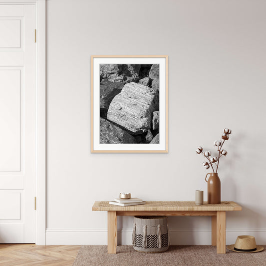 Black and white fine art photography print showcasing a landscape detail, photographed in Norway, wall art with framing options.