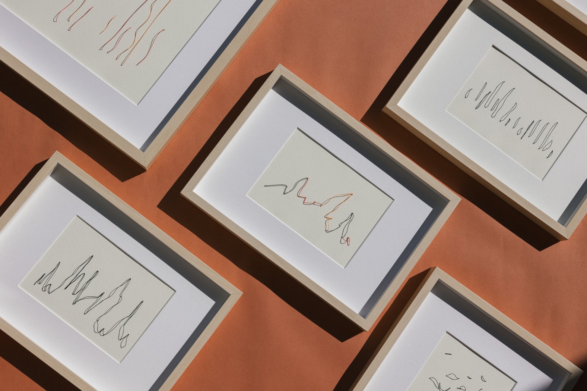 Framed abstract embroideries on paper, original minimalist artworks that changes with the light and create shadows