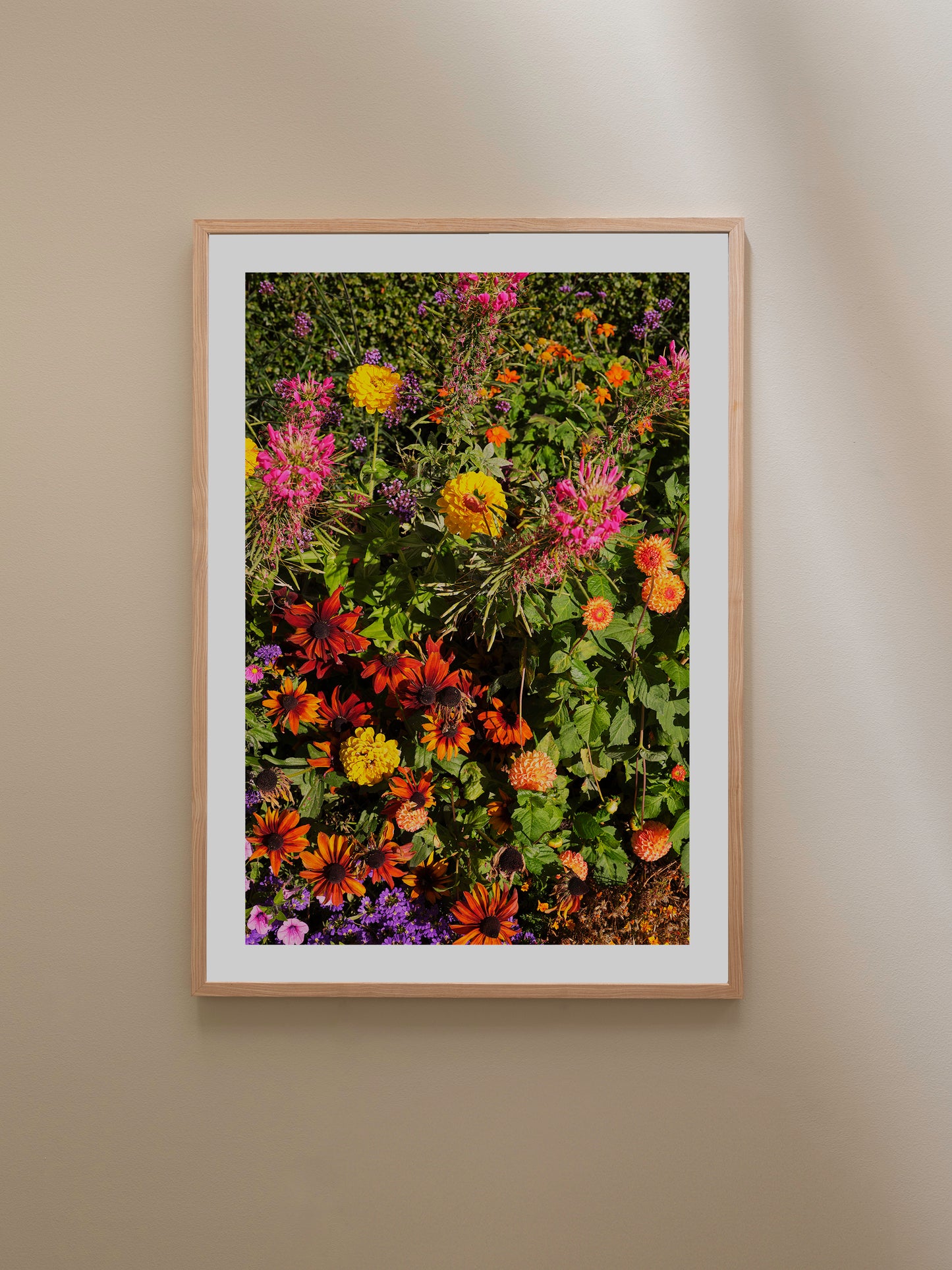 Colorful fine art photography print featuring a vibrant display of flowers, available as wall art with framing options.