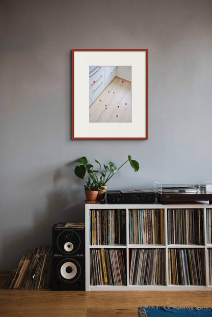 Still-life photography featuring tomatoes on the kitchen floor. Limited edition photography print, framed