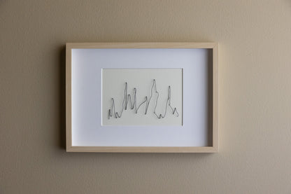 Framed abstract and minimalistic embroidery on paper, an original minimalist artwork that changes with the light, soft light