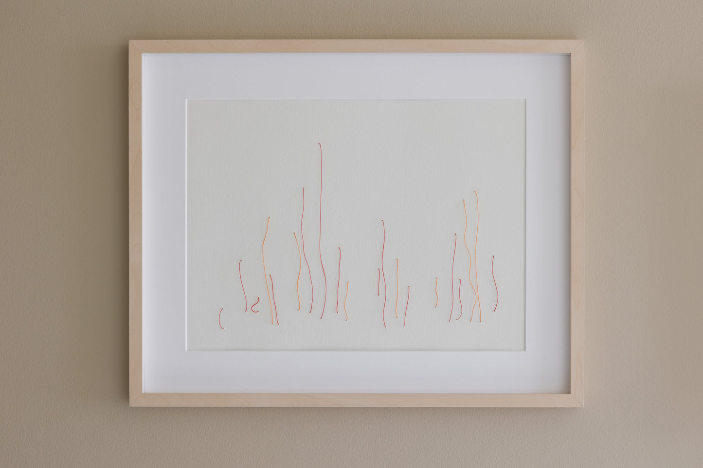 Original framed embroidery on paper,  minimalistic, representing garden. 