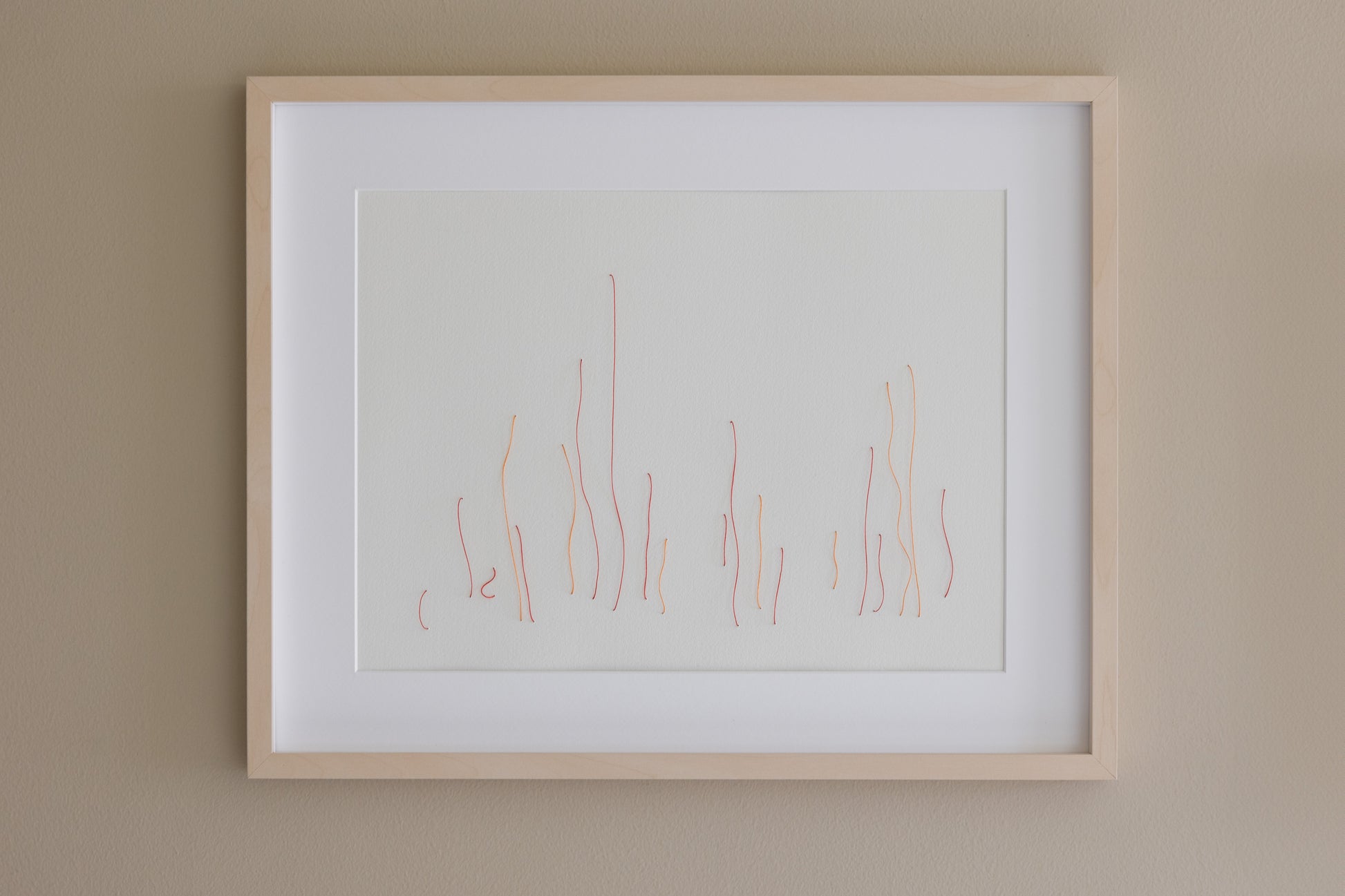 Original framed embroidery on paper,  minimalistic, representing garden. 