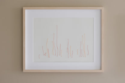 Original framed embroidery on paper,  minimalistic, representing garden. 