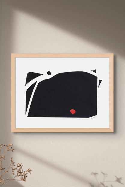 Art print featuring abstract black and red shapes representing mountains, available as a Giclée print with framing options.