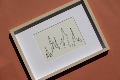 Framed abstract embroidery on paper, an original minimalist artwork that changes with the light