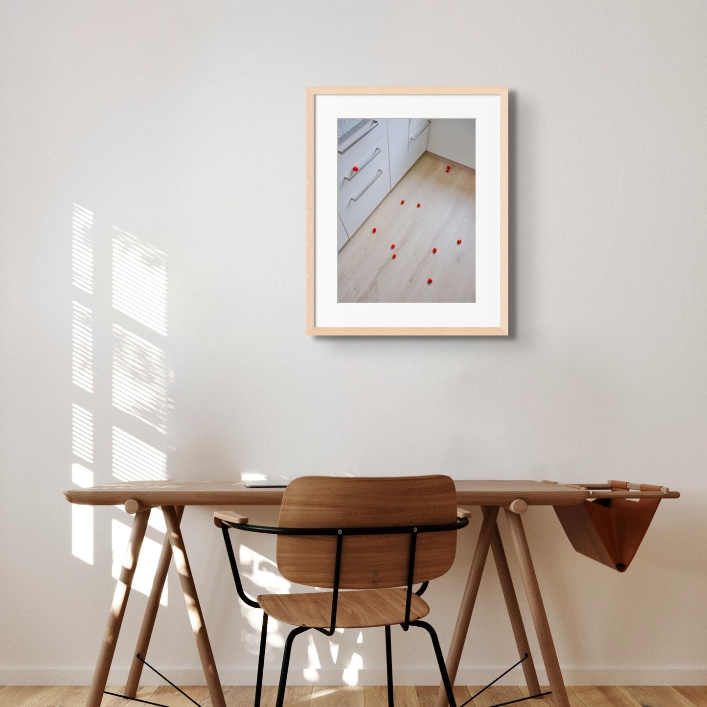 Still-life photography featuring tomatoes on the kitchen floor. Limited edition photography print, wooden frame 
