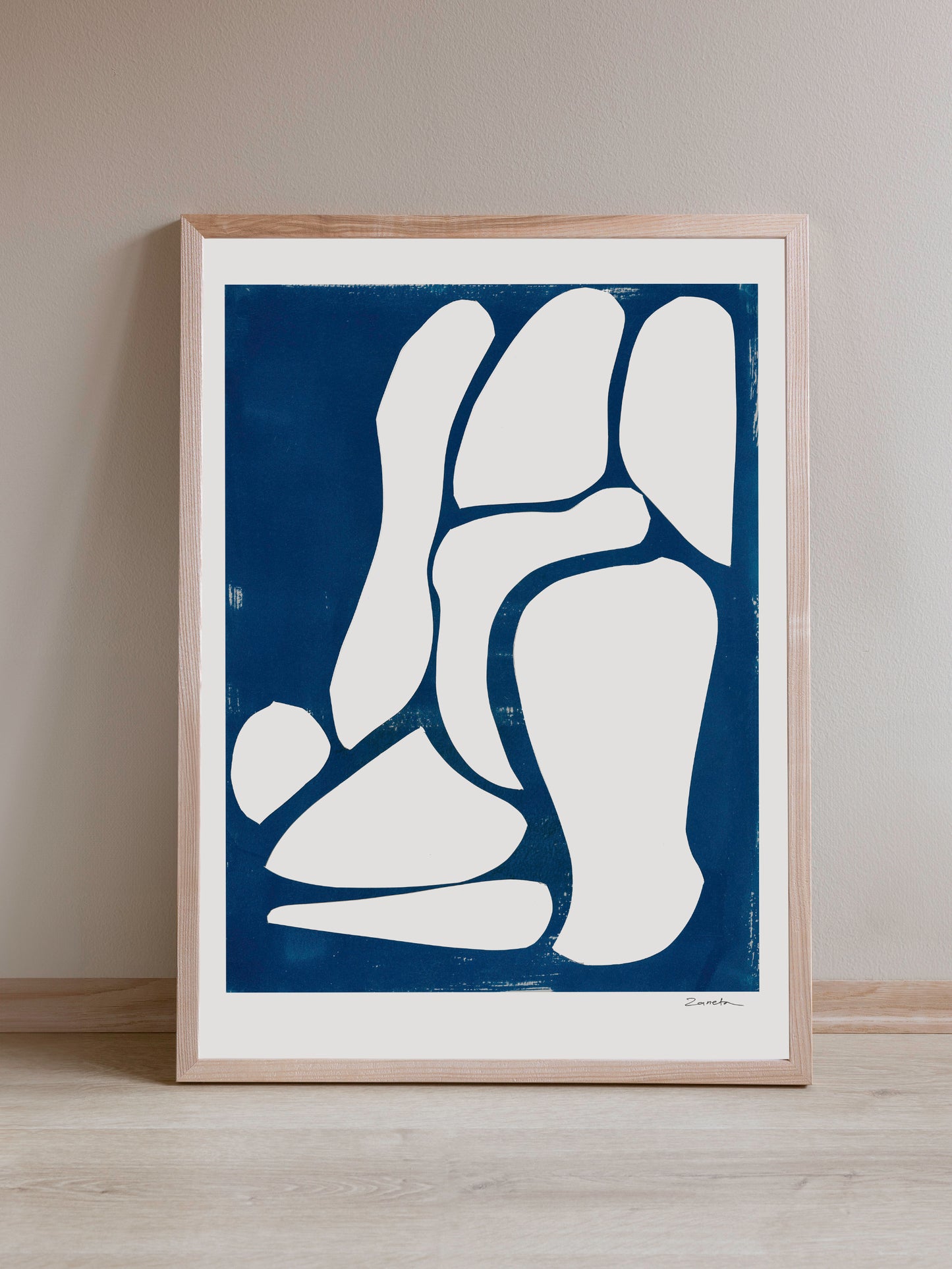 Art print featuring abstract white and blue shapes, available as a Giclée print with framing options.