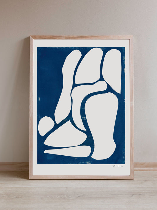 Art print featuring abstract white and blue shapes, available as a Giclée print with framing options.